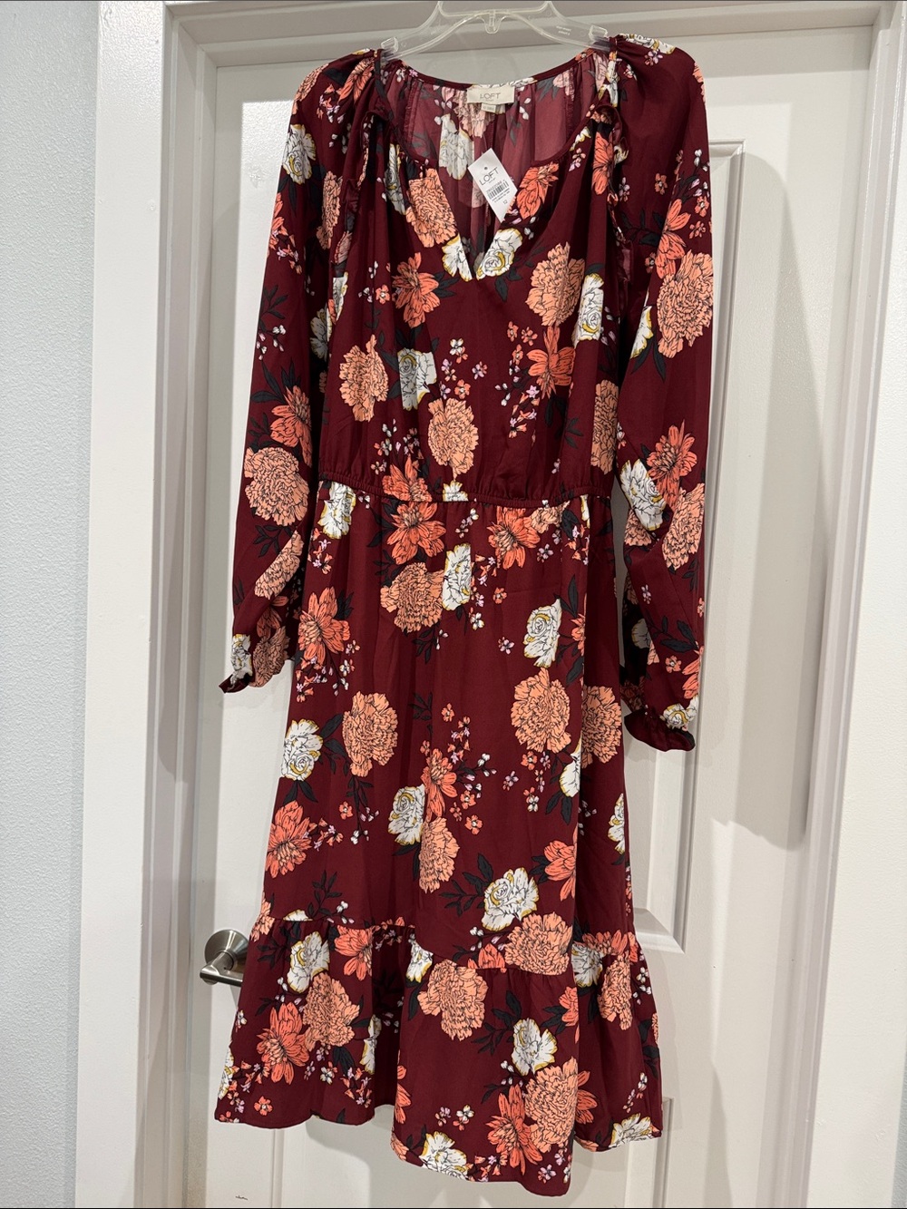 LOFT Burgundy Floral Long-Sleeve Midi Dress